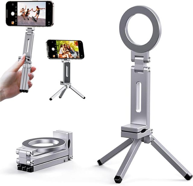 360°Rotating for MagSafe Tripod Mount, Adjustable Aluminum Magnetic Phone Tripod Foldable Cell Phone Stand Fits Vlog, Gym