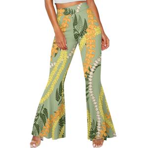 Pantalones acampanados de levantamiento de cadera sofisticados de gama alta personalizados Hawaiian Aloha Fashion Maile Lei para mujer - Product Image 3