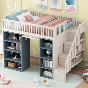 Cama alta infantil con estantería de almacenamiento y escalera, muebles de dormitorio en color blanco y azul para niños - Product Image 1