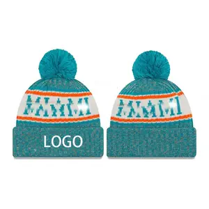 Personalizado fútbol deportes club equipo logo jacquard fans fútbol tejido sombrero borla POM Beanie sombreros al por mayor