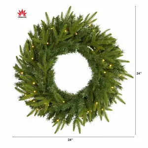 Pre-lit Artificial Christmas Party Full PE Green Tips Christmas Wreath With Warm White LED