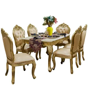 หรูหราโบราณคลาสสิกโต๊ะรับประทานอาหารและเก้าอี้ไม้เนื้อแข็งตารางชุดหินอ่อนโต๊ะรับประทานอาหาร