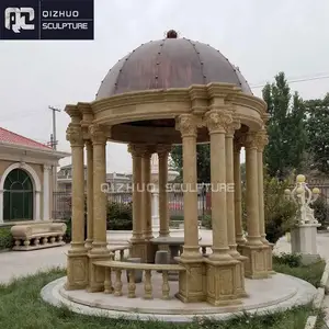 Gazebo de diseño clásico tallado a mano para decoración de jardín, piedra arenisca Beige, columna romana, mármol, con techo de hierro