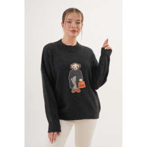Pull à col rond brodé Teddy Bear pour femme, anthracite, tricot 14 Gg, anti-boulochage, style décontracté - Product Image 5