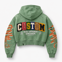 Sweat à capuche zippé personnalisé avec broderie appliquée, vert vintage, coupe courte, broderie florale en chenille colorée, strass, style streetwear