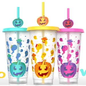 Custom gift set tumbler café copo frio plástico cor mudando cartoon fantasma magia Halloween copo