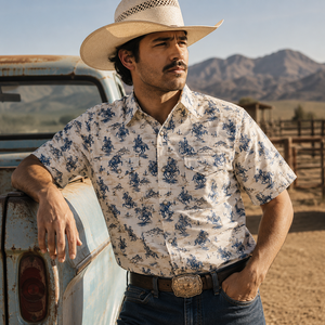 Chemise de cowboy à manches courtes pour homme, style western, avec imprimé cheval, décontractée, été, coton popeline respirant, col rabattu - Product Image 1