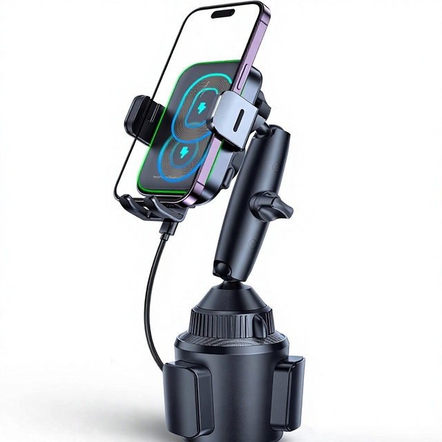 Wireless Car Charger 15W Fast Charging Auto Clamp, Dual Coil, Cup Holder Mount, Tri Pivots Adjustable, Universal Smartphone