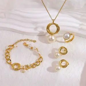 18K Gold Plated Pearl Chunky Chain Jewelry Set Stainless Steel Love Heart Shape 4 PCS Set Pakistani Bridal Set For Wedding