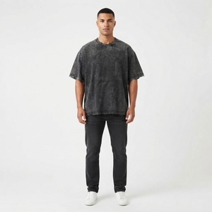 T-shirt Homme Oversize en Coton 100% Délavé à l'Acide, Col Rond, Manches Courtes, Tricoté, Couleur Unie, Devant Uni, Style Streetwear Minimaliste - Product Image 3