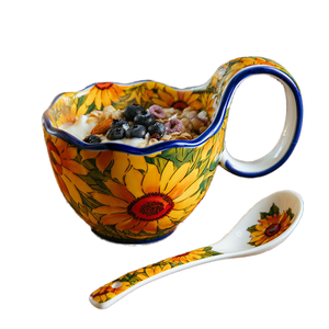 Sunflower Pattern 450ml Underglaze European Style Large Ceramic Mug Yogurt Bowl Spoon Dishwasher Microwave Safe Hot Drinks Gift - Product Image 1