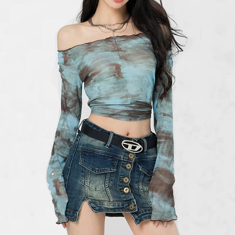 2024 Spot Fashion Versatile Sweet And Spicy Tie Dye One Shoulder Printed Long Sleeved T-Shirt Top For Women
