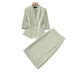 Women's Green Suit Set Three Quarter Sleeve Midi Skirt Elegant Business Leisure Satin Two Piece Outfit - Product Image 5