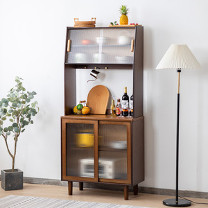 Japanese Style <b>Sideboard</b> Walnut Color Fluted Glass Cabinet Kitchen <b>Storage</b> Tall Cabinet For Home Use - Product Image 1