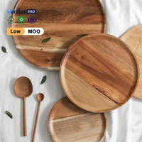 Plateau rond en bois d'acacia écologique très vendu, ensemble de plats de luxe en bois pour fruits, collations, petit-déjeuner, déjeuner et dîner