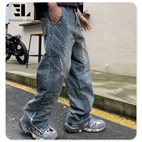 LARSUR kustom pabrik 3D bordir quilt patch biker kargo jeans distress wash lurus timbul padded moto biker denim celana