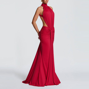 Robe de <span class=keywords><strong>soirée</strong></span> <span class=keywords><strong>longue</strong></span> élégante et flatteuse, rouge, sans manches, avec design à empiècements, douce, taille haute plissée, grande taille - Product Image 2