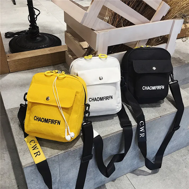 Women crossbody Mini cell phone and purse bag small MOQ lady messenger pouch men durable sling black yellow canvas bag