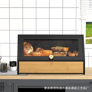 Boîte à pain en bambou avec porte en verre et couvercle rabattable, rangement alimentaire de cuisine, conteneur de conservation des collations sur le bureau - Product Image 4