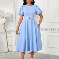 Nuevo Vestido de Noche para Mujer, Elegante, con Mangas Abullonadas, Cintura Alta, Color Sólido