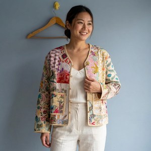 Vintage Reversible Kantha Jacket Handmade Cotton Patchwork Floral <b>Covered</b> <b>Button</b> Eco-Friendly Breathable Winter Outerwear Gift - Product Image 1