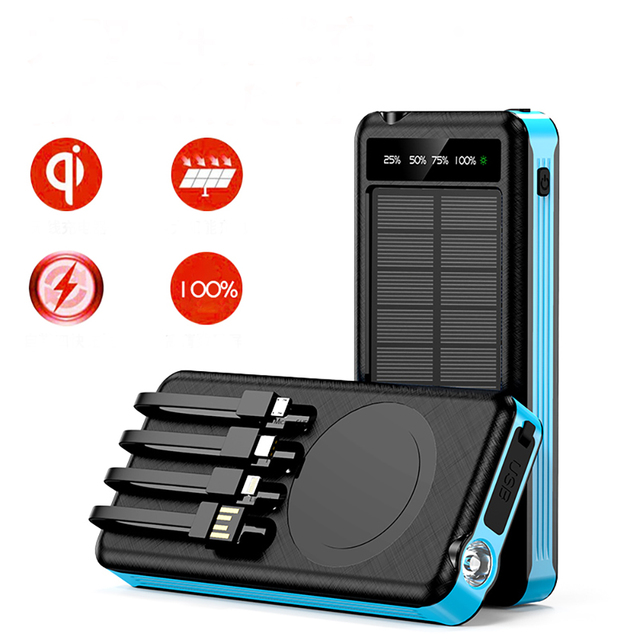 2023 New Solar Power Bank Hot Trending 10000mAh Double USB Ultra Slim Electronics Portable Charge Flashlight Built in 4-1 Cable