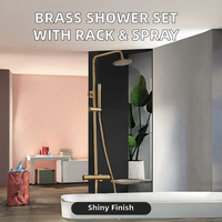 Ensemble de douche de salle de bain moderne en laiton poli à poignée unique, avec robinet apparent, barre coulissante, étagère de rangement pour bain, jet de pluie doux thermostatique