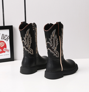 Bottes de cow-boy pour enfants, marron, brodées, rétro, en denim, pour filles, à semelle souple, mi-hautes, en microfibre respirante, antidérapantes - Product Image 5