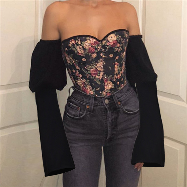 New women's long-sleeved halter strap printed denim corset top