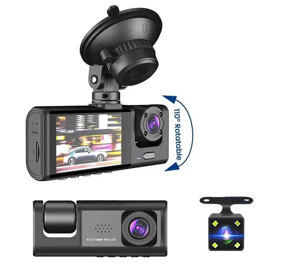 كاميرا داش HD 3 عدسات 1080P مسجل واي فاي للتحكم في تطبيق السيارة DVR صندوق أسود كاميرا داش بكاميرا خلفية