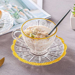 Set di <span class=keywords><strong>Tazze</strong></span> <span class=keywords><strong>da</strong></span> Caffè e Piattini in Vetro con Bordo Dorato, Design Creativo con Motivo Solare, Stile Europeo <span class=keywords><strong>Vintage</strong></span> con Fiori Intagliati - Product Image 6