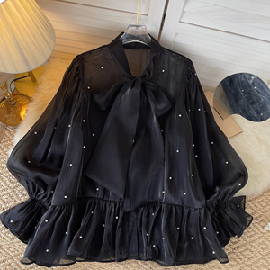 High-end Beaded Bow Sleeve Shirt Women's Elegant <b>Top</b> Fashion - Product Image 2
