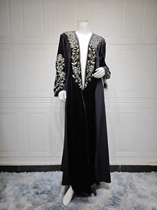 Robe longue élégante en velours noir brodée de fleurs, style abaya modeste, pour femmes, <span class=keywords><strong>HS123</strong></span> - Product Image 3