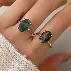 Anillo de Ágata Musgosa de Corte Ovalado Clásico, Chapado en Oro de 18k y Rodio, con Engaste de Garras, para Compromiso, Boda y Aniversario - Product Image 4