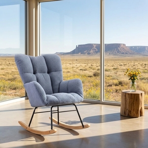 <span class=keywords><strong>Fauteuil</strong></span> à bascule moderne et confortable en bouclette bleue avec base en métal et bois, <span class=keywords><strong>fauteuil</strong></span> de luxe en tissu Teddy pour salon et chambre à coucher - Product Image 1