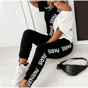 Conjunto de 2 Piezas para Mujer 2026, Camiseta de Moda con Estampado de Letras en Blanco y Negro, Hombros Descubiertos, Pantalones Largos de Baloncesto - Product Image 5