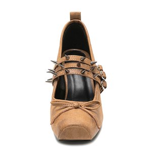 Sandales à talons hauts pour femme, grande taille 45, à bout carré, avec rivets et lanières, style escarpins de cérémonie à nœud avant - Product Image 2