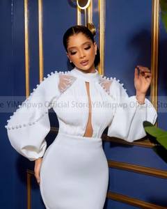 Robes de <span class=keywords><strong>Mariage</strong></span> Civil <span class=keywords><strong>pour</strong></span> Mariée Col Montant Manches Longues Longueur Mi-Mollet Moulantes Plissées Perles Robes de Mariée Aso Ebi Personnalisées - Product Image 2