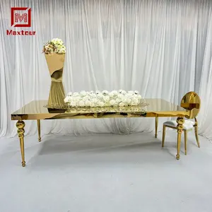 Mesa luxuosa de aço inoxidável para casamento de 8 pessoas, mesa retangular de ouro espelhada para escritório doméstico e casamentos