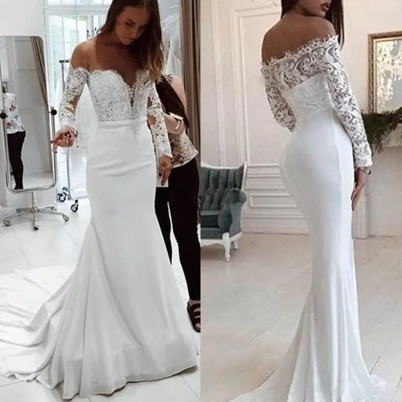 New Sexy V Neck Lace Court Train Ball Gown Off Shoulder Bodycon Wedding Dress