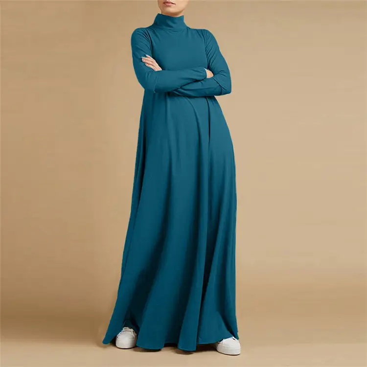 In stock plus size Islamic clothing lady prayer maxi dresses casual long sleeve high neck loose abaya muslim dress for women