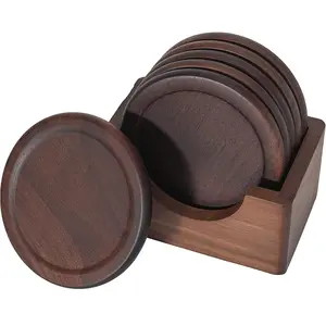 Klasik bulat hitam bambu walnut kayu coaster termasuk kayu alami pemegang dekorasi untuk meja makan dan meja kantor