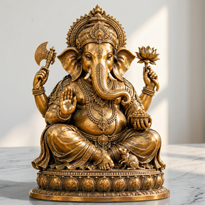 Scultura Artigianale Tradizionale Indiana in Bronzo Dorato del Signore Ganesha, Statuetta Religiosa per Arredamento Casa e Regalo - Product Image 2