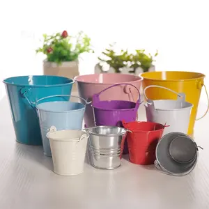 Cubos de Metal galvanizado con mango, maceta redonda para flores, cesta para plantas pequeñas y dulces, aperitivos y decoración de fiesta en casa