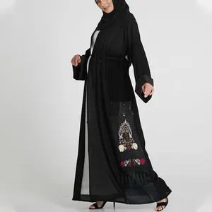 Women Dubai Muslim Dress New Turkey Dresses 2023 Summer Black Floral Embroidered Open Modest Abaya Islamic Clothing Women