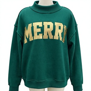 Sweat-shirt vert à col roulé pour femme, doublé, coupe oversize, épaules tombantes, imprimé lettres en relief sur le devant, en coton tricoté, automne-hiver - Product Image 1