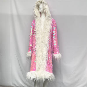 Cappotto in pelliccia sintetica arcobaleno con <span class=keywords><strong>paillettes</strong></span> lucide da donna da donna per feste rosa caldo inverno lungo con cappuccio <span class=keywords><strong>giacca</strong></span> di blocco Color Patchwork - Product Image 5