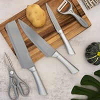 En stock 5 pièces Ensemble de couteaux de cuisine argentés blancs Ensemble de couteaux de chef en acier inoxydable avec manche en PP Ciseaux Éplucheur Outils de cuisine Boîte cadeau