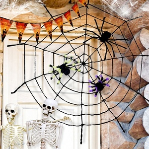 Gran oferta, 1,5 M de diámetro, redondo, para interiores o exteriores, telaraña espeluznante, decoración de Halloween, correas de araña de felpa tejidas - Product Image 3