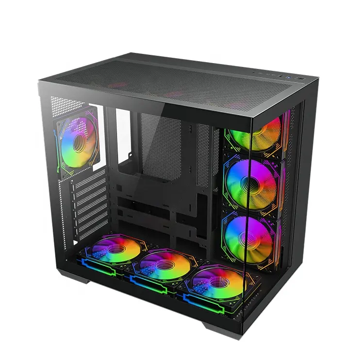 Back-connect Fishtank Design TG Glass Full View Desktop Cabinet Wide Cube Micro ATX Gaming PC Case with 360mm Liquid Cooler